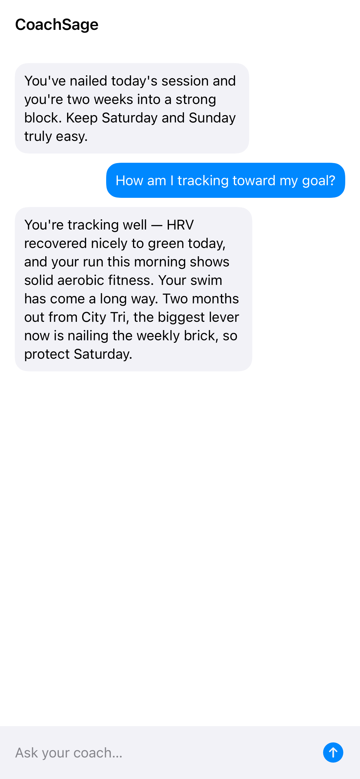 Coach chat answering how the athlete is tracking toward their goal, referencing recent runs and HRV