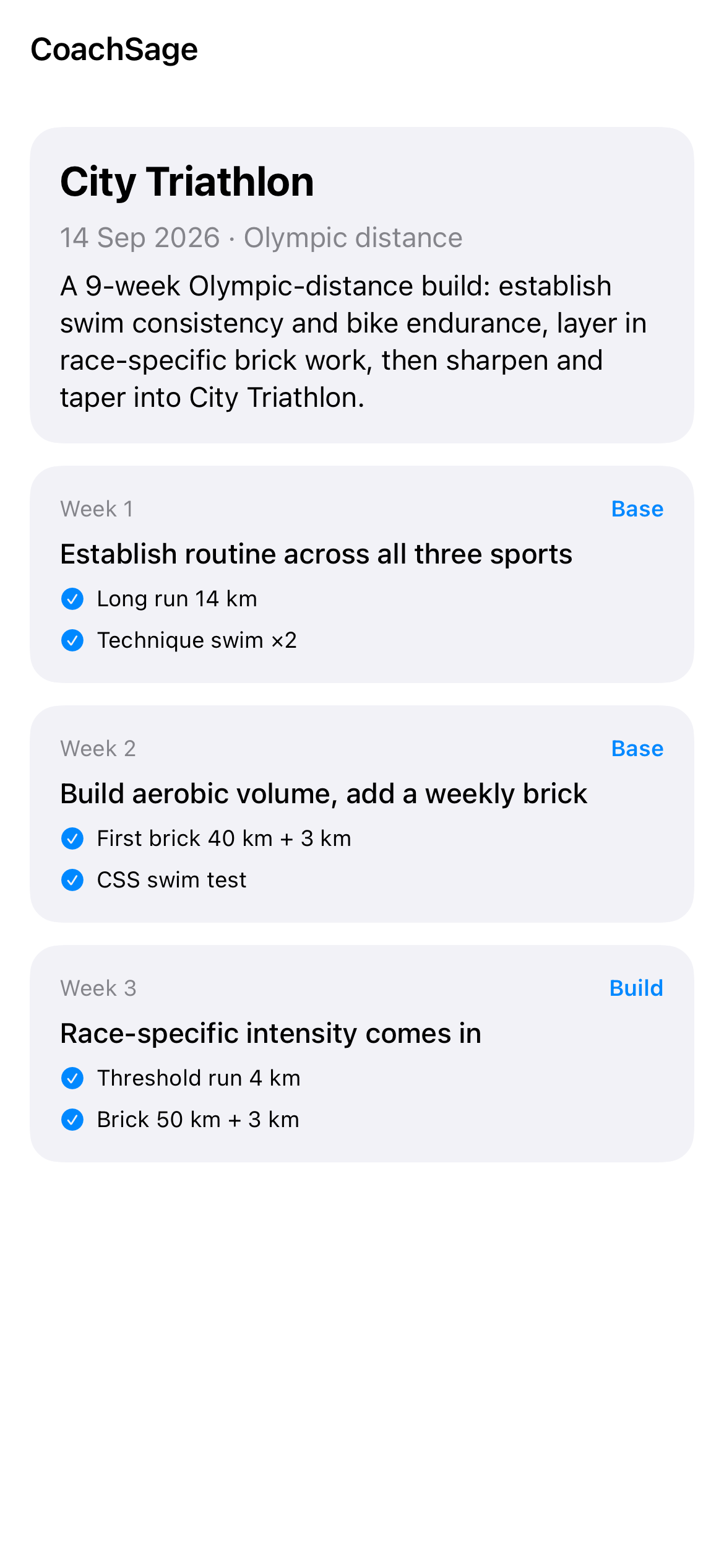 Goal plan for a race showing the overview and week-by-week periodised block