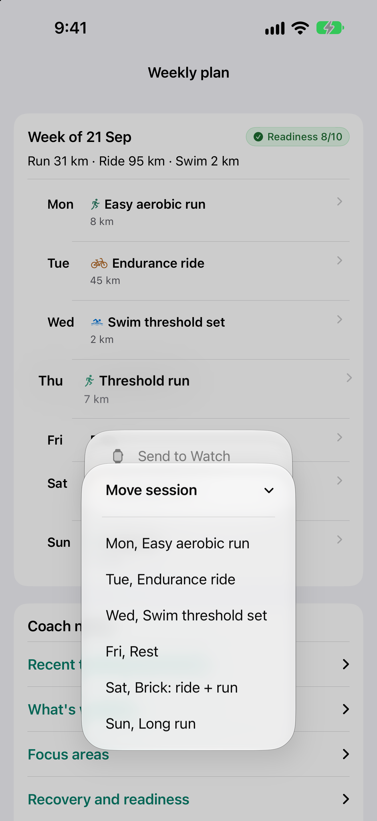 Move session menu open on the weekly plan, showing the other days this week Thursday's threshold run can move to