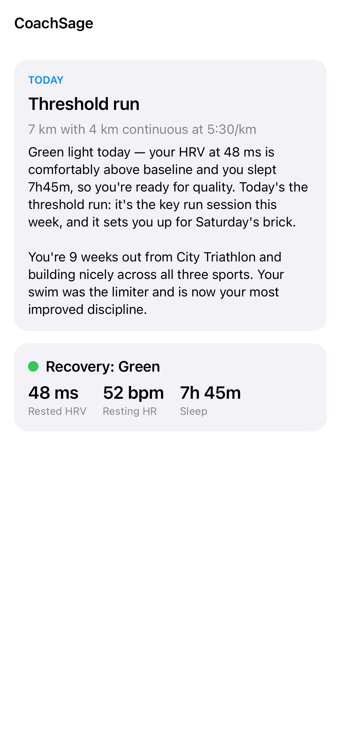 Today's Recommendation with detailed coaching advice for the day and the week ahead