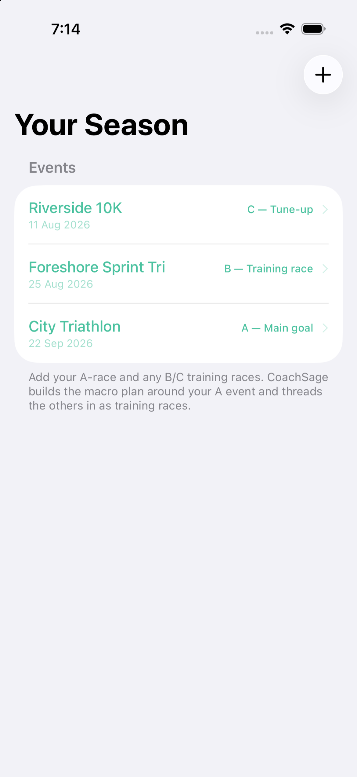 Season editor listing an A-race, a B training race and a C tune-up, each with a priority label