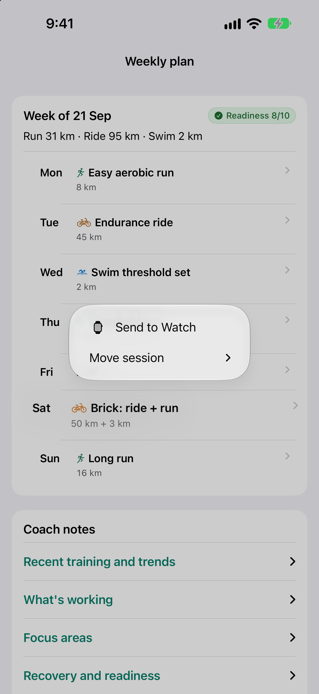 Weekly plan with a session's menu open, showing Send to Watch offered on a mid-week session rather than only on today's