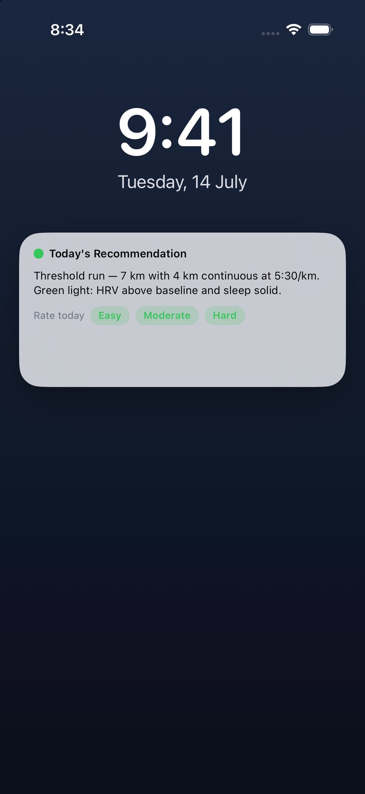 CoachSage medium widget on the Home Screen showing today's recommendation and quick-log buttons